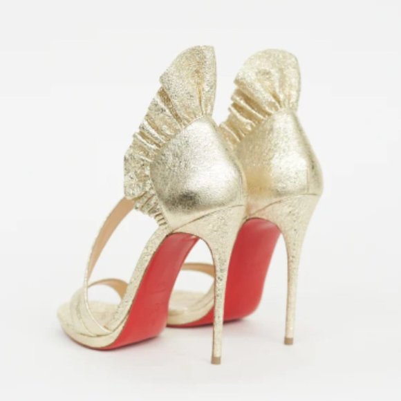Christian Louboutin Colankle Gold Foil Leather Ruffle Strapped Heels Pumps 37.5 - Picture 3 of 16